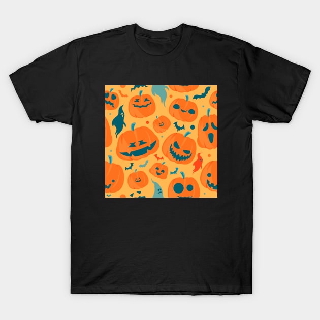 Pumpkins, Bats & Ghosts Halloween Pattern T-Shirt by OrangeMonkeyArt